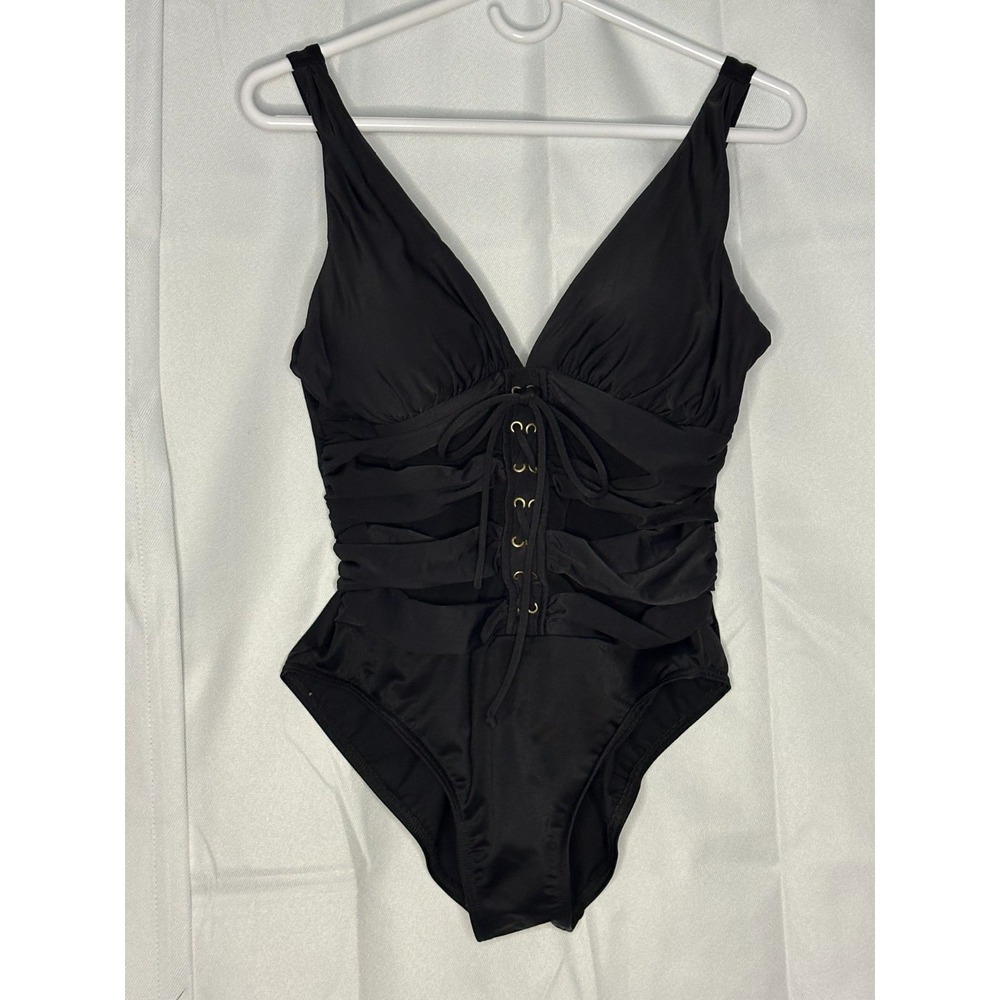 Miraclesuit Ansonia Black Mesh Lace Up One Piece Swimsuit Tummy Control Sz 14 - Picture 2 of 6